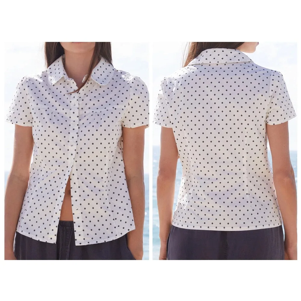 Brandy Melville Button Up Shirt Womens One Size White Polka Dot Peter Pan Collar - Picture 1 of 8
